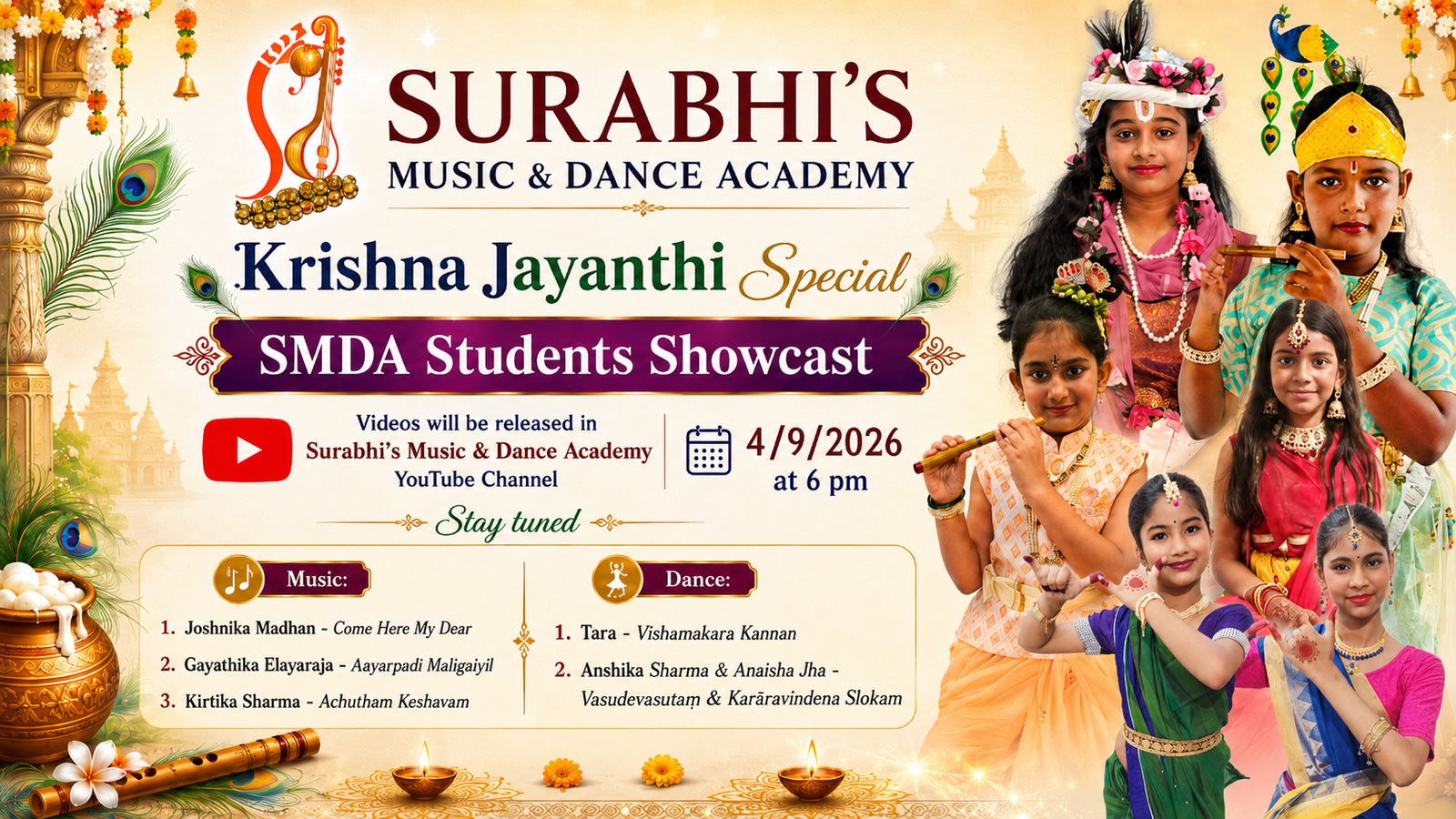 SMDA Students Snowcats for Krishna Jayanthi art 6 pm on our Youtube Channel